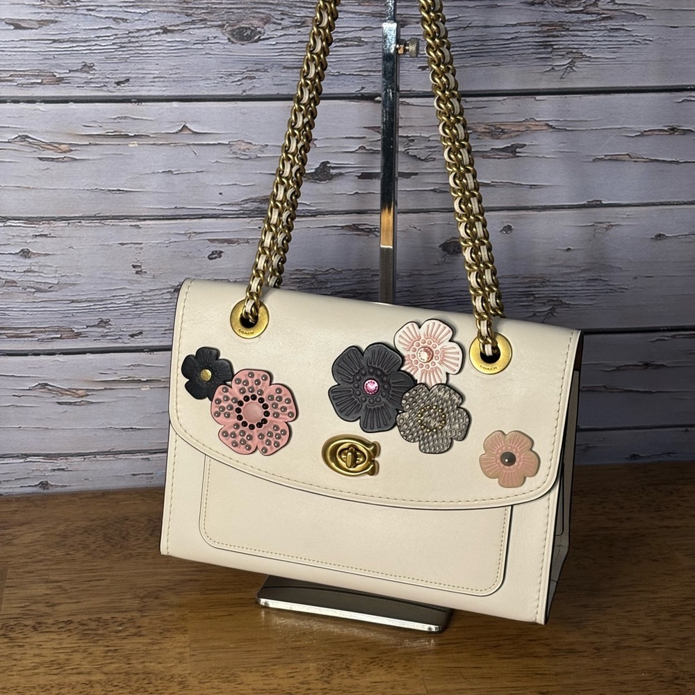 Coach Parker refined calf leather bag with tea rose appliqué